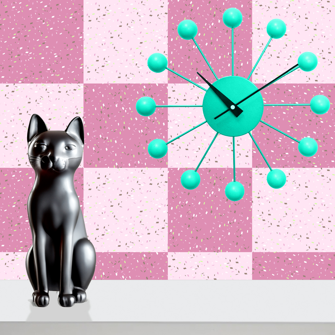 The artwork features a repeating geometric pattern of symmetrical shapes resembling elongated, curved diamonds or petals in various shades of blue and green. Each shape is split vertically with one half filled with a light blue and the other half filled with green or darker blue. The background is a light, almost pastel blue, which provides a soft yet vibrant backdrop. One of the blue shapes near the upper left contains a white starburst element, adding a focal point of brightness to the composition. The overall design conveys a modern, mid-century aesthetic with clean lines and harmonious color contrasts.